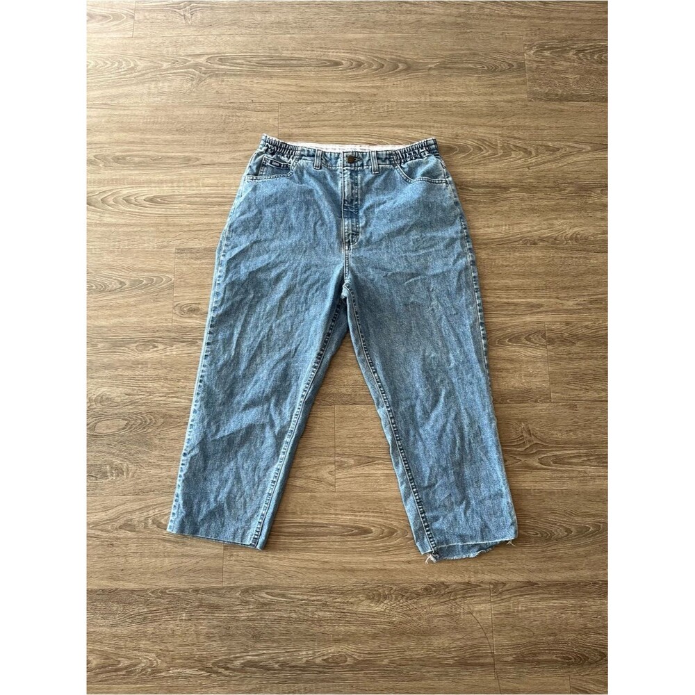 Lee High Rise Crop Straight Mom Jeans Womens Size 14 Blue Elastic Waist Denim
